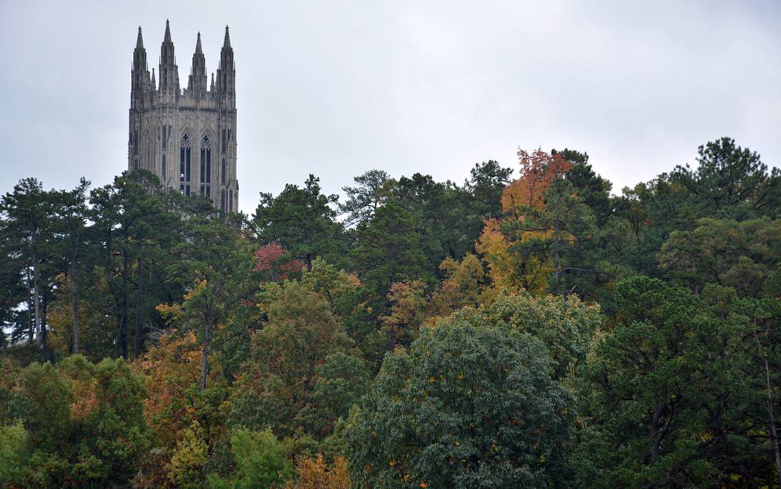 The spires of Duke University Chapel can be seen from the rooftop of Grainger Hall. Photo by Jonathan Black. 