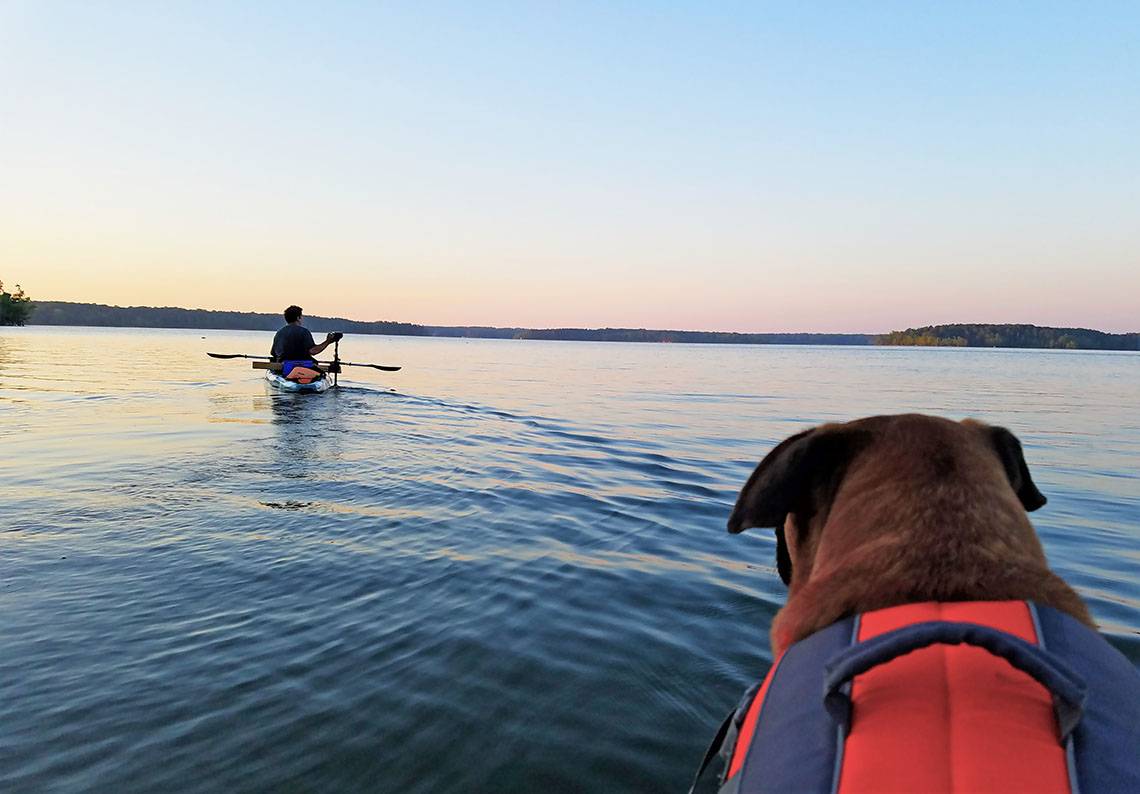 Samantha Shaltz took this photo of her husband and dog on Kerr Lake for the #DukeTimeOff campaign.