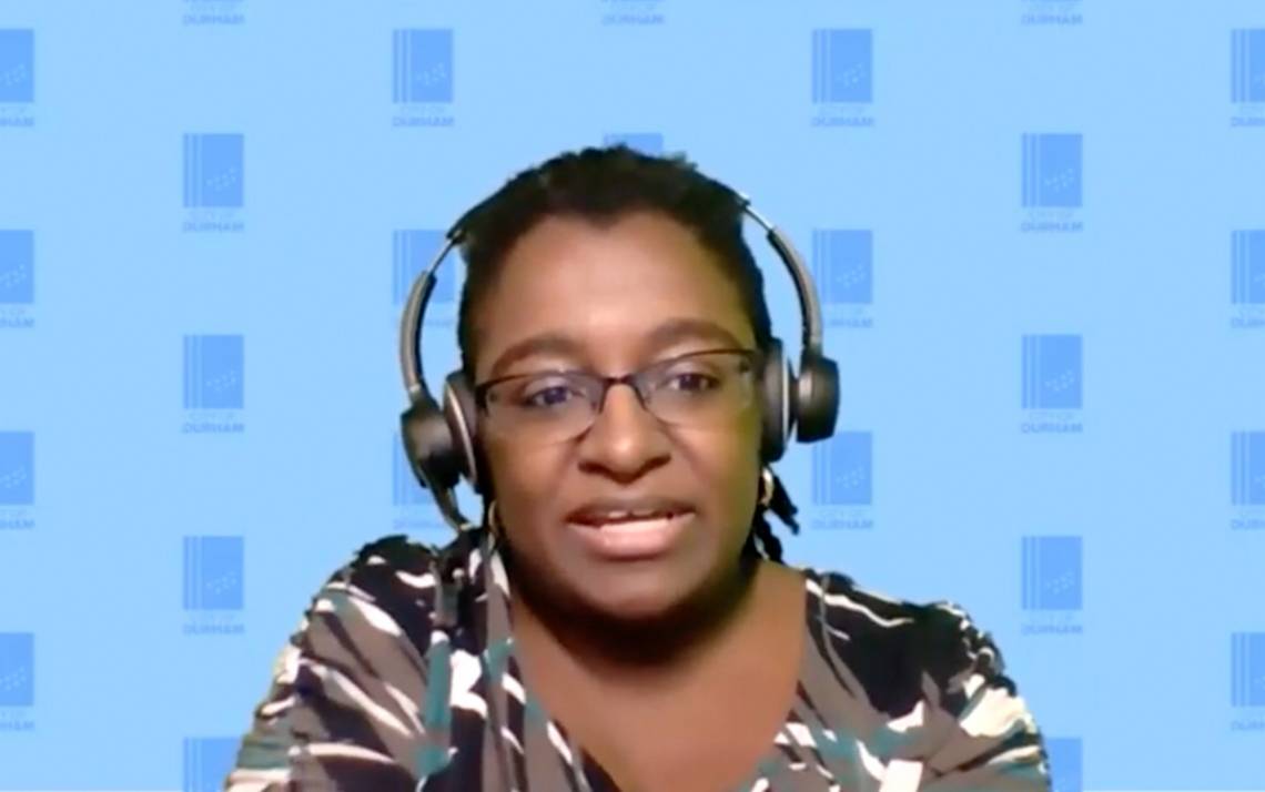 Jilliam Johnson speaks on an online discussion.