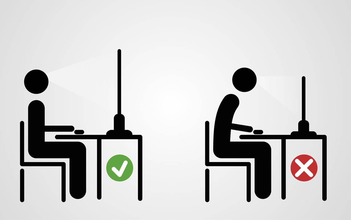 When seated, sit up straight so your ears, shoulders and hips are aligned.