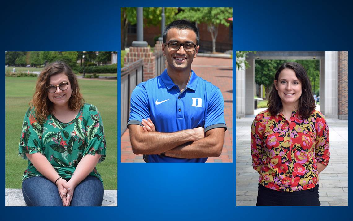 (Left to right) Manda Hufstedler, Noor Tasnim and Libby Dotson all graduated from Duke in 2018 and now work for the University.