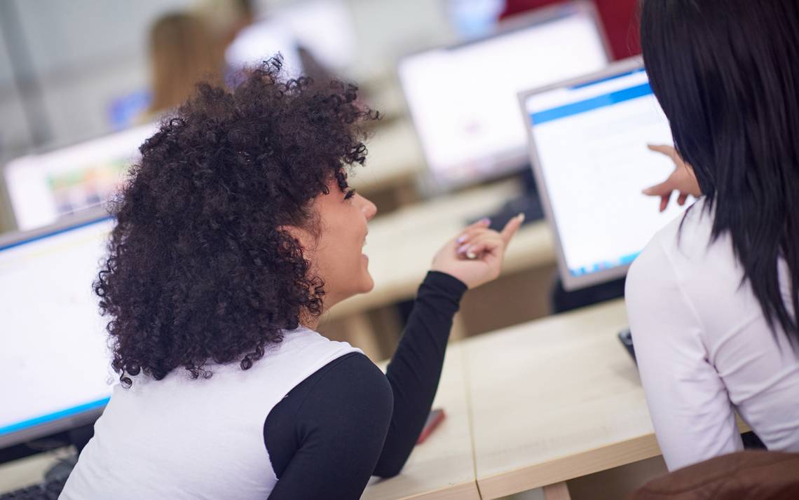 Two people at a computer.