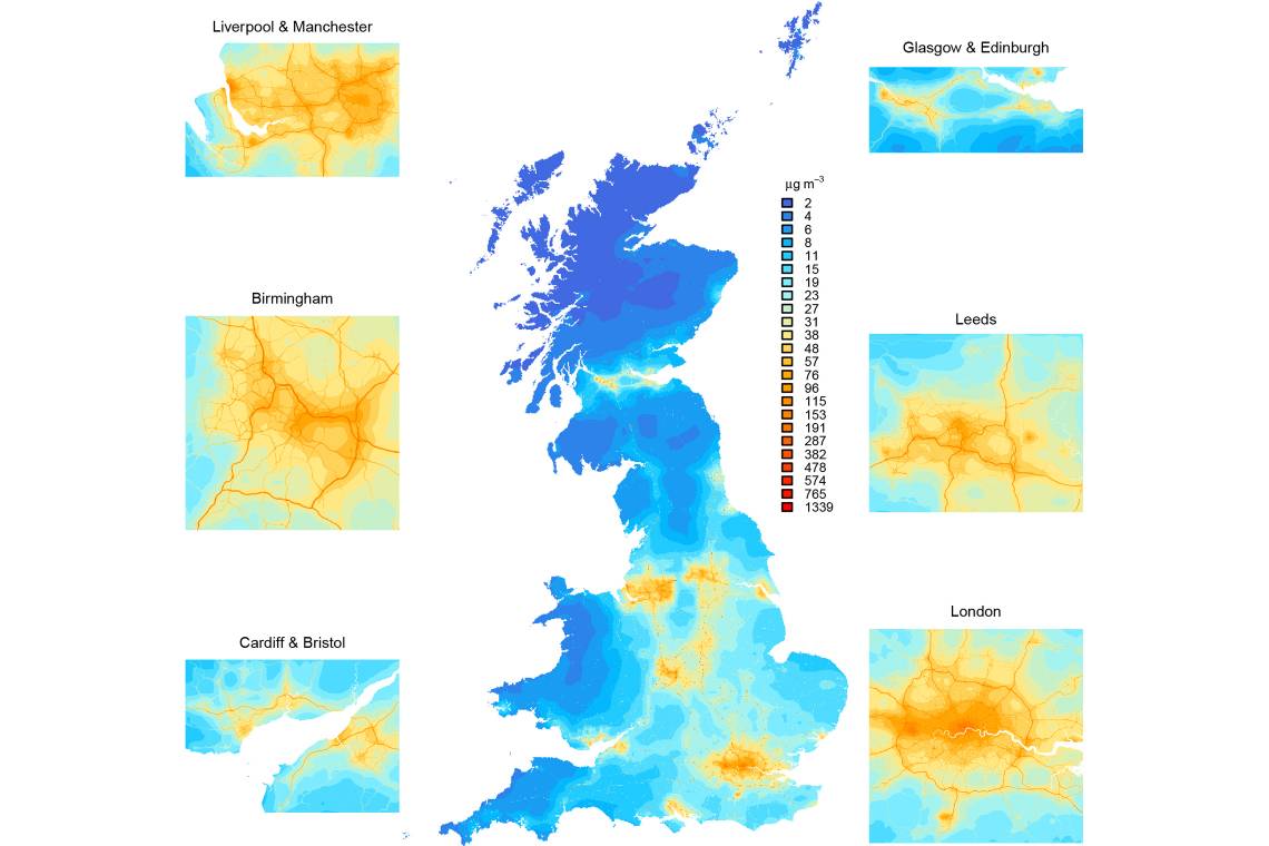 A map of England, Scotland and Wales, showing Nitrogen Oxide (NOx) concentrations. (Aaron Reuben, Duke)