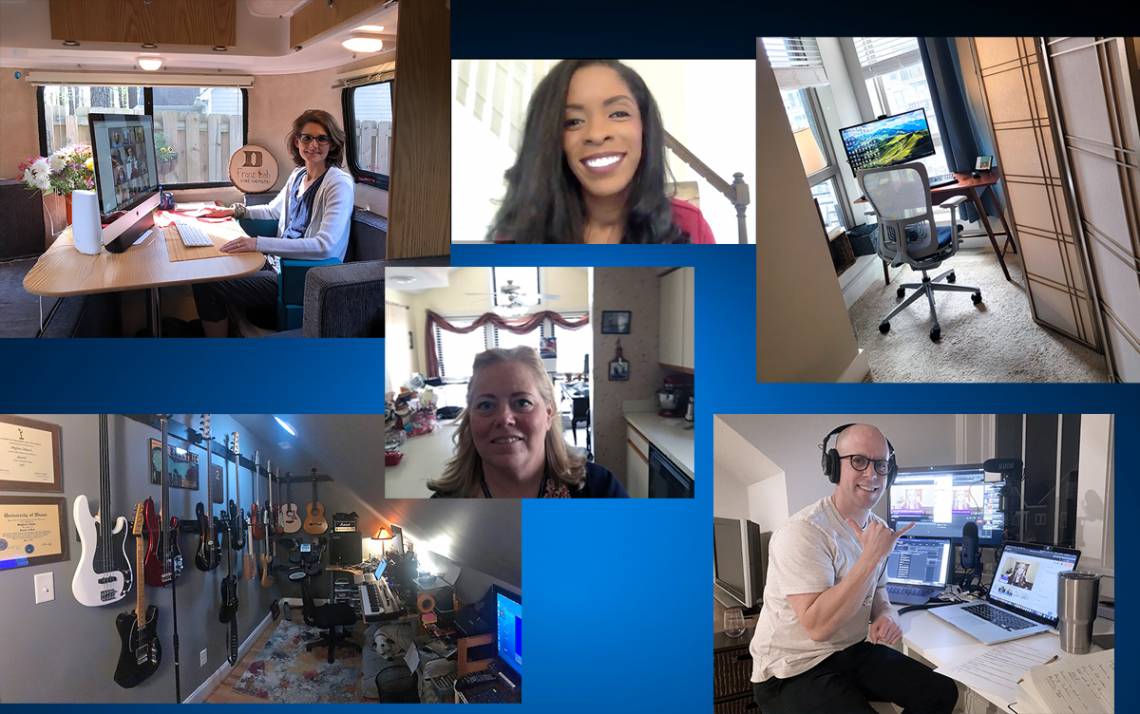 Clockwise from top left: Kathy Franz, Deondra Rose, Scott Behm's home office, Jason Van Sant, Joan Albright and Steve Toback's home studio.