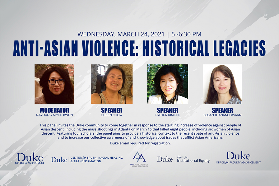 Graphic showing speakers for panel on violence against Asian-Americans