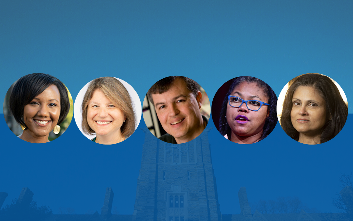 From left: Sherilynn Black, Sally Kornbluth, Scott Huettel, Adriane Lentz-Smith, Nimmi Ramanujam