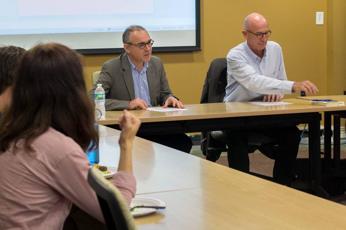 Christophe Boltanski, middle, speaks at a discussion last month at Duke.