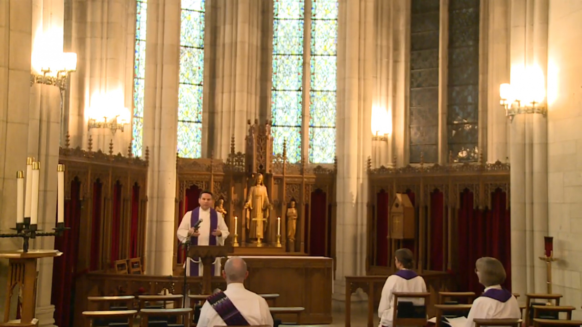 Rev. Bruce Puckett preaches in Duke Chapel Sunday before a nearly-empty Duke Chapel, but before a large virtual audience.
