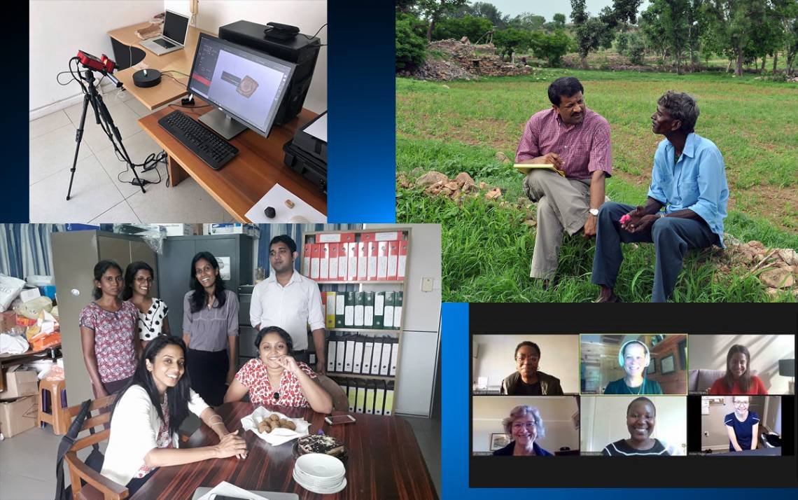 Global research before and after COVID-19, clockwise from top left, pandemic-era work on Vulci 3000, Anirudh Krishna's pre-COVID work in India, Lauren Franz working remotely with South African team, and Gayani Tillekeratne's pre-COVID work in Sri Lanka.