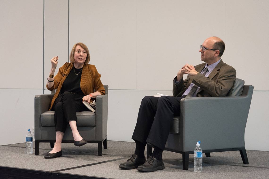 Cathy Davidson shares ideas with the audience about educational reform. She was interviewed by Vice Provost Ed Balleisen. Photo by Dean Rhoades