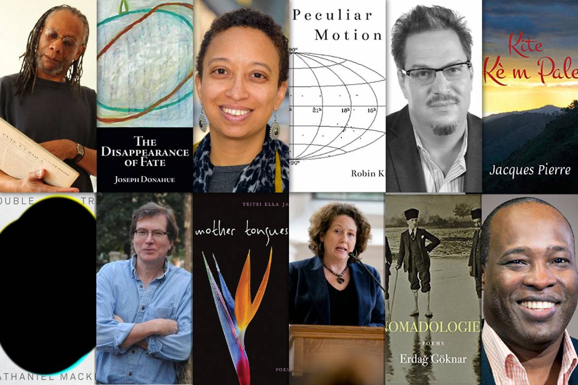 Six collections of poetry pictured with authors.
