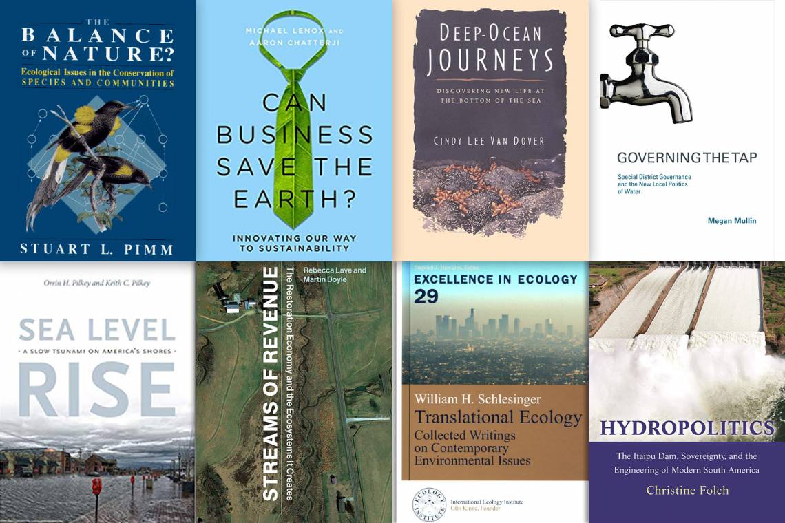 Covers from eight Duke books about the environment. 