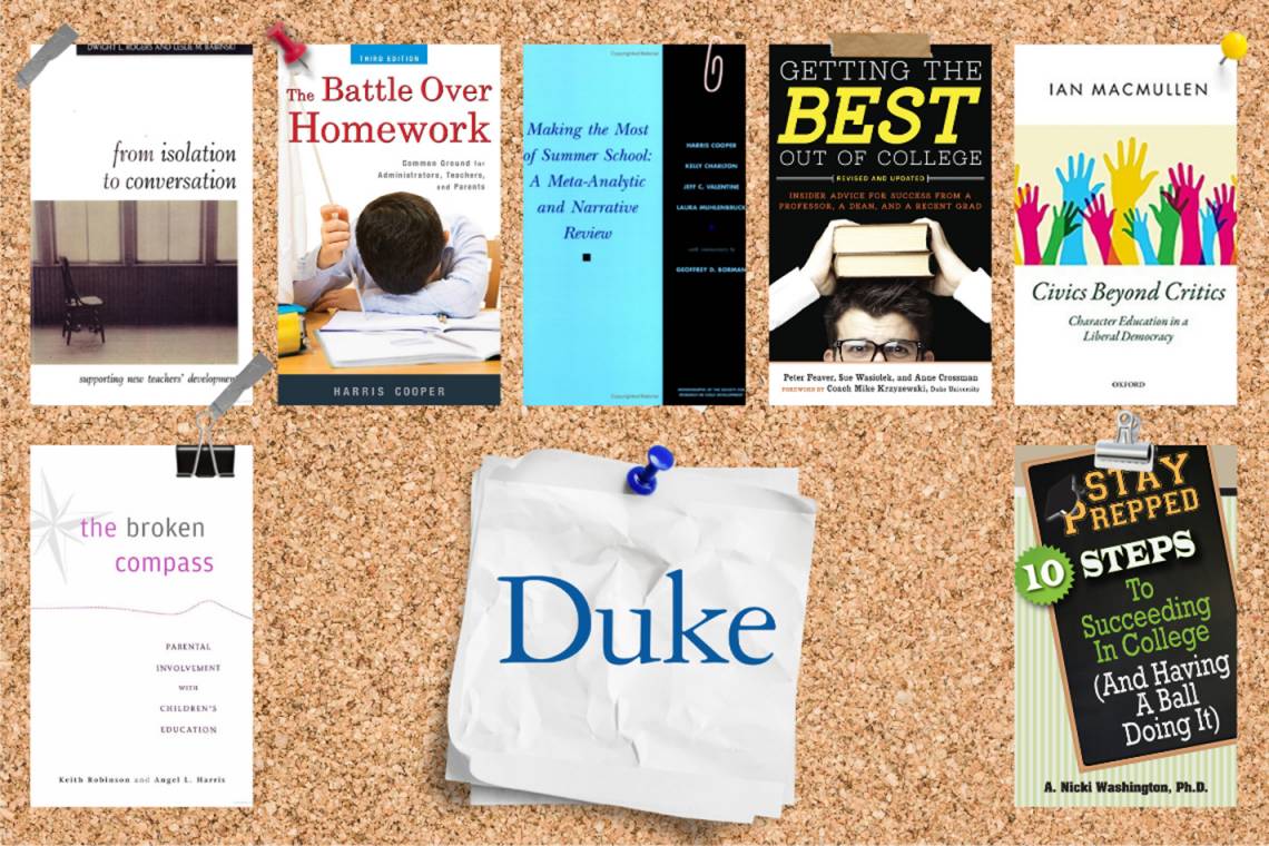 Seven covers of education books authored by Duke faculty. 