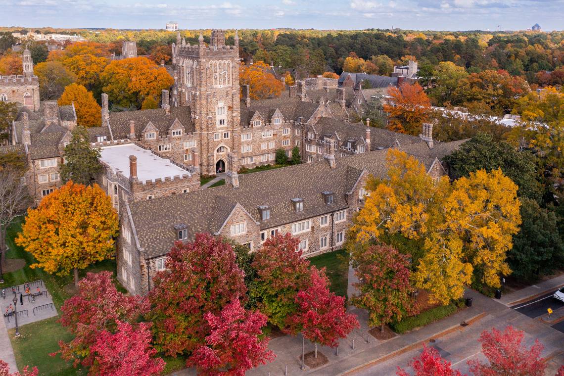 An aerial view of the clocktower on a fall day.