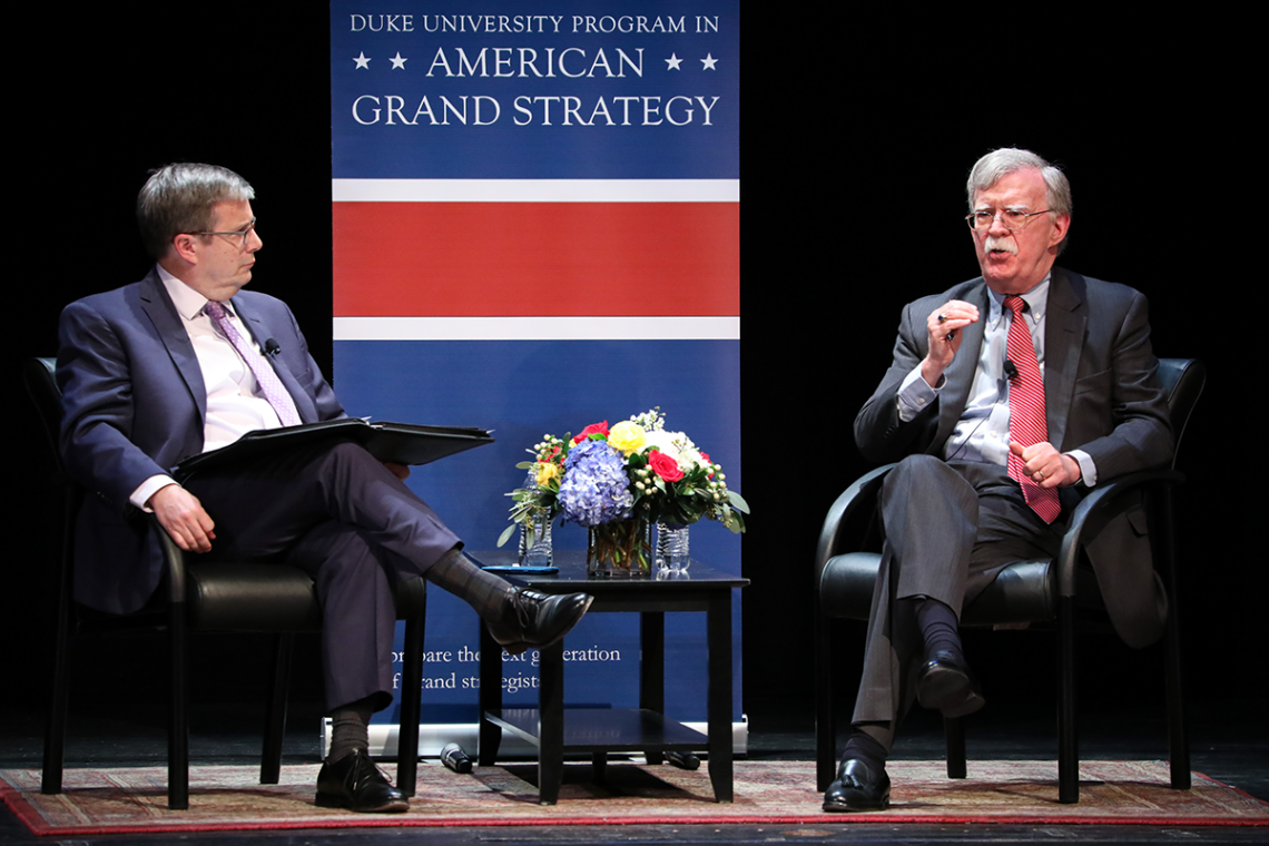 John Bolton, right, and Professor Peter Feaver share a conversation on American foreign policy. Photo by Colin Huth