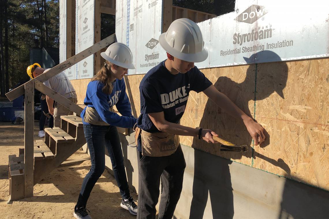 Construction of a Duke-sponsored Habitat for Humanity house, one of the local groups the receives support from the Duke Doing Good campaign.