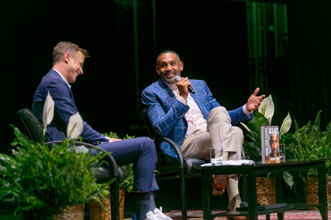 Jon Scheyer and Grant Hill provided a history lesson on Duke basketball Wednesday in Page Auditorium. Photo by Megan Mendenhall/Duke Digital and Brand Strategy