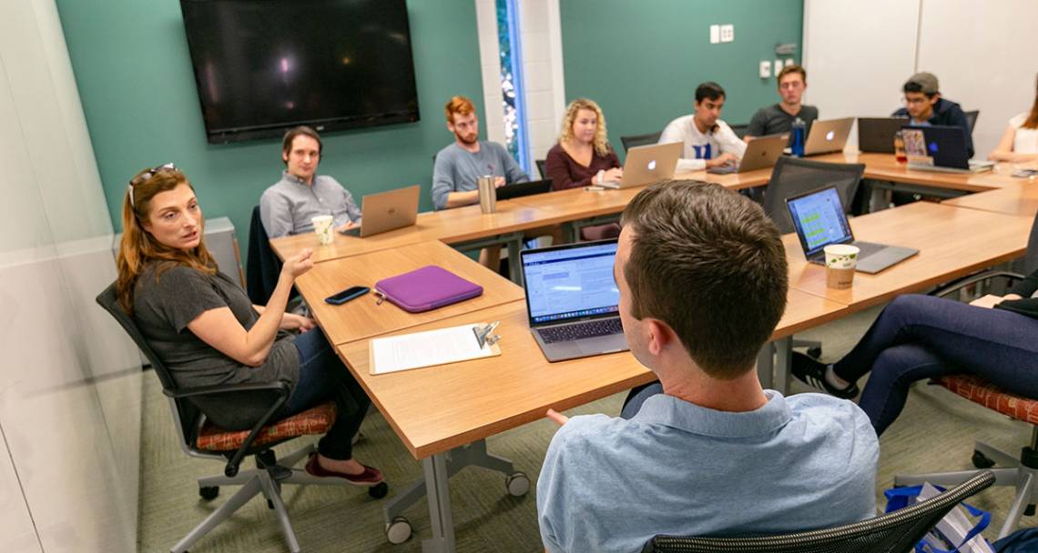 Sunshine Hillygus leads a discussion on young people voting as part of the Bass Connections class. Photo by Megan Mendenhall