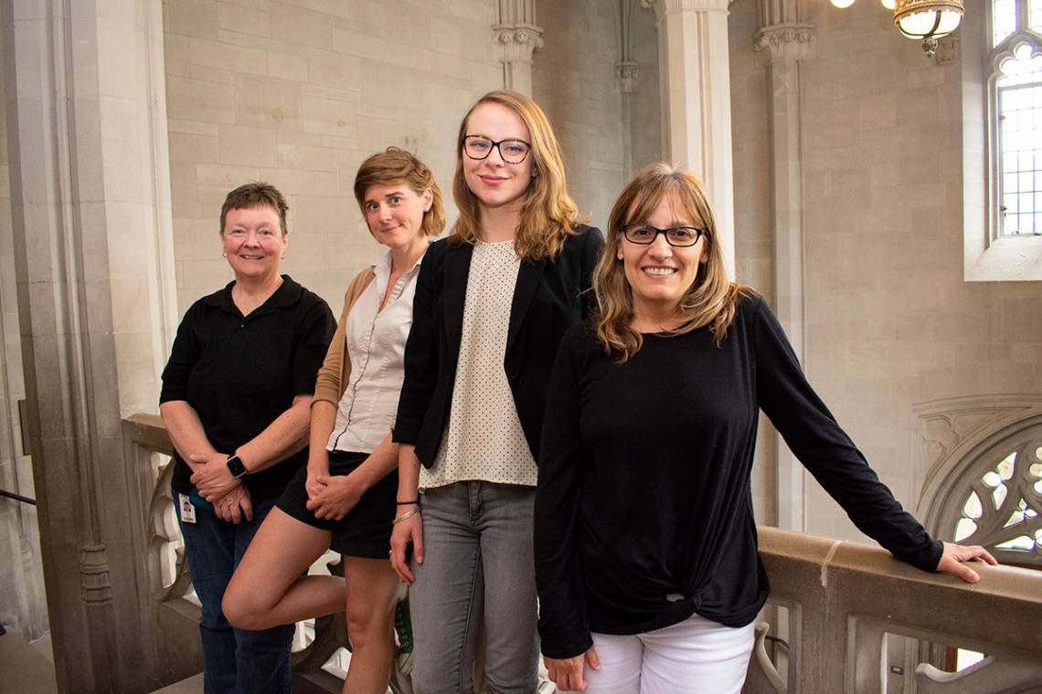 Durham Technical Community College faculty Lisa Blair (far left) and Marina DelVecchio (far right) will collaborate with Duke PhD students Patricia Bass (left center) and Maggie McDowell (right center) to redesign courses in French, Women’s Studies and Li