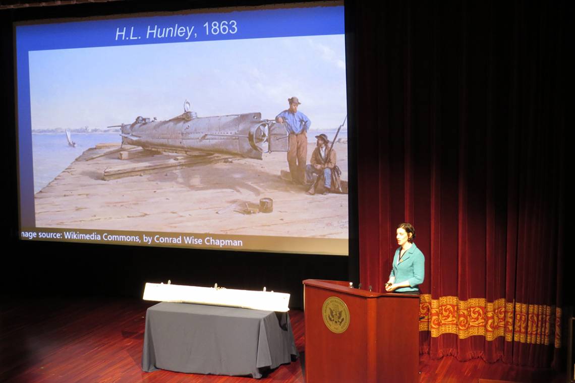 Rachel Lance at the US Archives presents her research on the death of the crew of the H.L. Hunley. Photo by Jeffrey Harris.