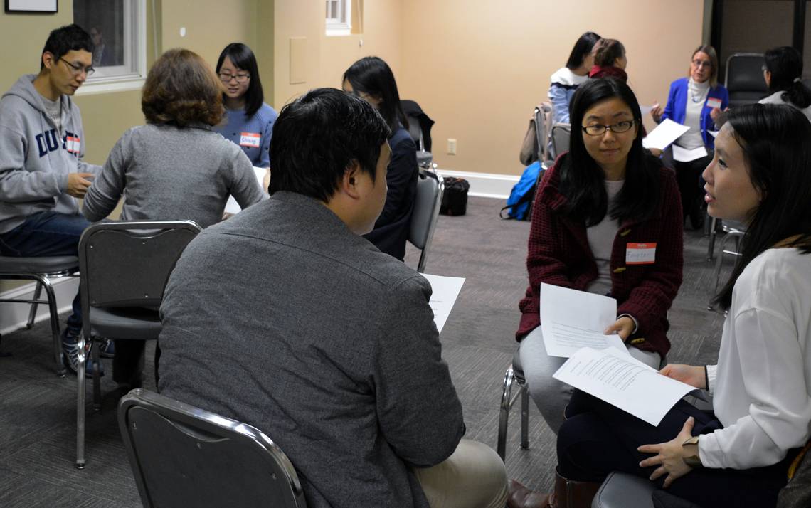 Duke community members gather weekly for language-learning programs, including the English Conversation Club. All meetings are open to students, faculty and staff.