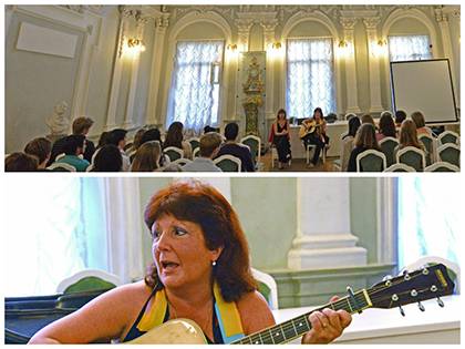 Edna Andrews, Duke's Nancy and Jeffrey Marcus Professor of Slavic and Eurasian Studies, performed at Petrovsky Hall at Saint Petersburg State University during a recent trip to Russia. Photos courtesy of Edna Andrews 