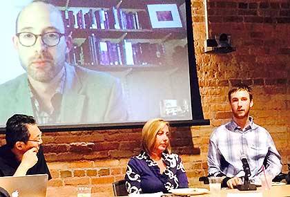 Jay Ruckelshaus,far right, an advocate for people with disabilities, speaks on a panel on health and the humanities. Other panelists include N.C. State's Tsai Lu Liu, left, Duke's Leigh Fickling, center, and Harvard's Todd Carmody on screen. Photo by Eri