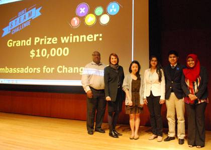 Duke STEAM Challenge winners Saffana Humaira, Suhani Jalota, Rebecca Lai and Kehaan Manjee,with Challenge co-leaders Duke Professor Cathy N. Davidson and Vice Provost of Academic Affairs Keith Whitfield.