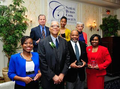 Samuel DuBois Cook is pictured (center) with award winners Alexandra Swain, William Griffith, Allison Curseen, Rev. William C. Turner, Dr. Evelyn Schmidt and Chandra Guinn.