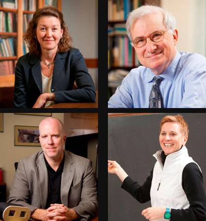2013 faculty winners of the Graduate School Dean's Award for Excellence in Mentoring and Teaching. Clockwise from top left: Laura Edwards, Frank Sloan, Robyn Wiegman and Cameron R. Bass