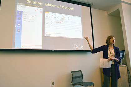 Emily Daly, head of assessment and user experience at Duke University Libraries, shares WebEx and Jabber tips during a