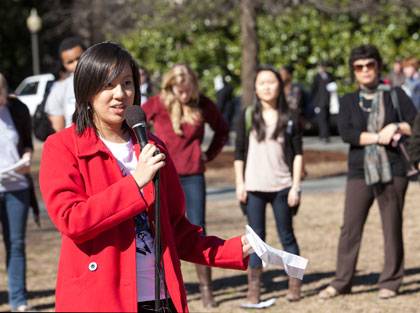 Ting-Ting Zhou, a Duke student, speaks during Race Is Not a Party rally Wednesday. Photo by Megan Morr/Duke University Photography