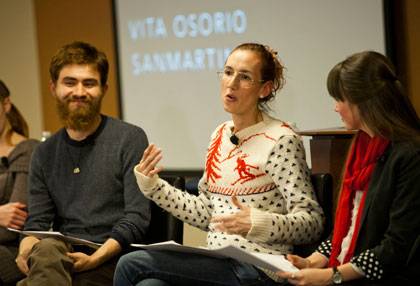 Julio Cesar Bedoya, left, and Viviana (VITA) Osorio Sanmartín, center, were among the Colombian artists who spoke Wednesday evening at the Duke Colloquium panel discussion. Bailey Sincox, right, and two other undergraduates joined Dean Steve Nowicki in