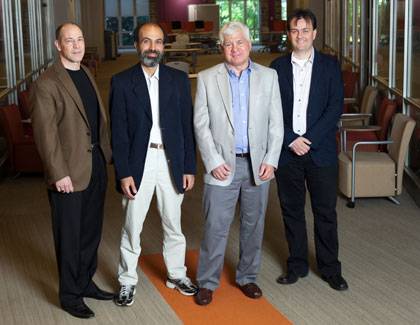 Trinity teaching award winners Michael Valdez Moses, Mohamed Noor, Michael Ferejohn and Laurent Dubois. Photo by Megan Morr.