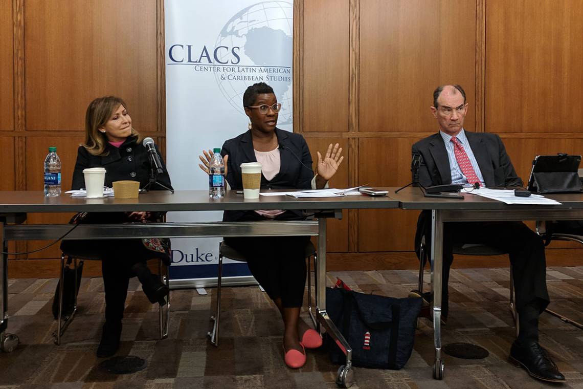 Professor Patrick Duddy, right, discussed the future of NAFTA with representatives from the Mexican and Canadian governments. Photo by Jennifer Prather