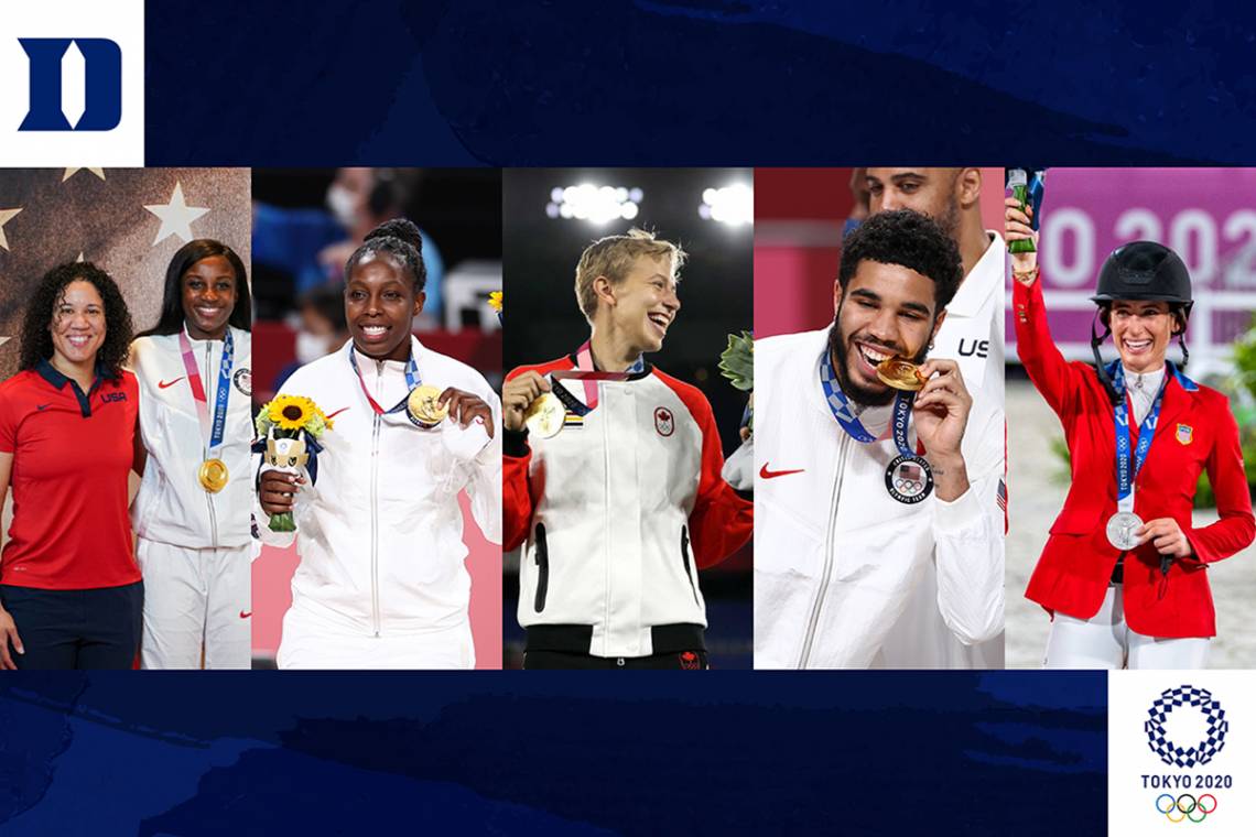 Blue Devil medalists: From top, Kara Lawson, Chelsea Gray, Quinn, Jayson Tatum; and Jessica Springsteen.