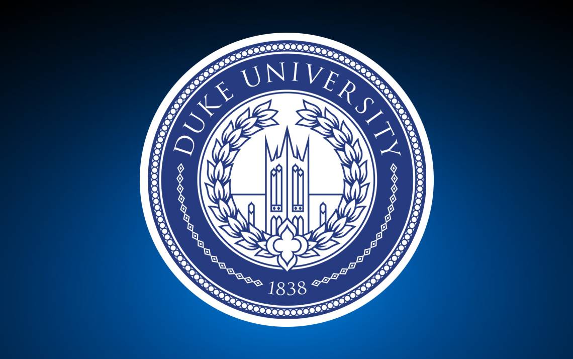 Duke University logo against blue background.