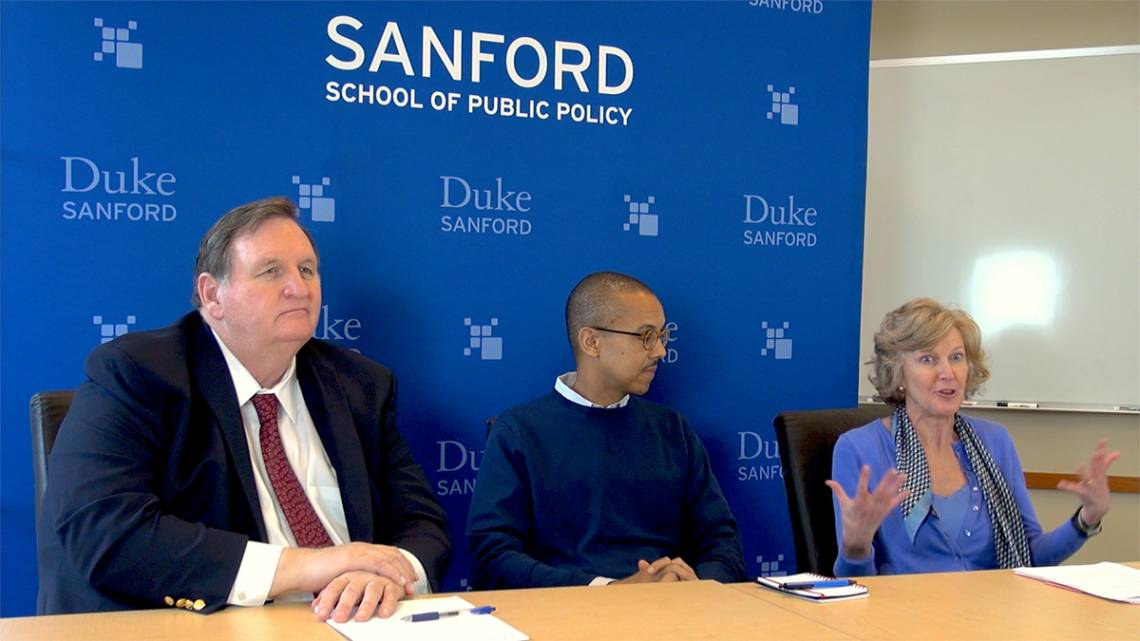 Duke's Kelly Brownell, Gary Bennett and Elisabetta Politi (from left to right) discuss diet and health Thursday, Nov. 9, 2017 at Sanford School for Public Policy