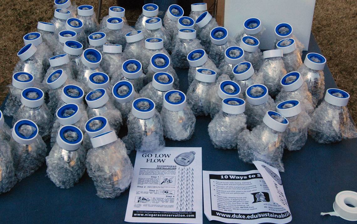 As part of the strategy to endure the drought of 2007-08, Duke gave away thousands of low-flow showerheads to staff, faculty and off-campus students.