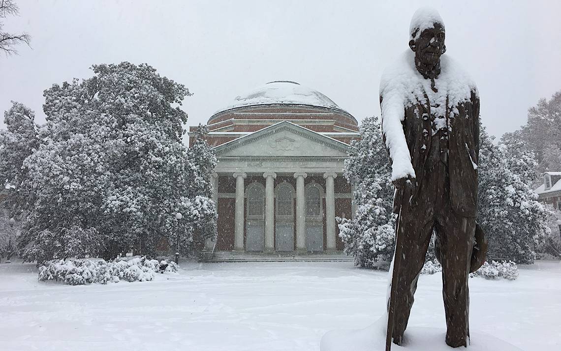 The Benjamin Duke statue is blanketed with snow on Sunday, Dec. 9, 2018. Photos by Jonathan Black.