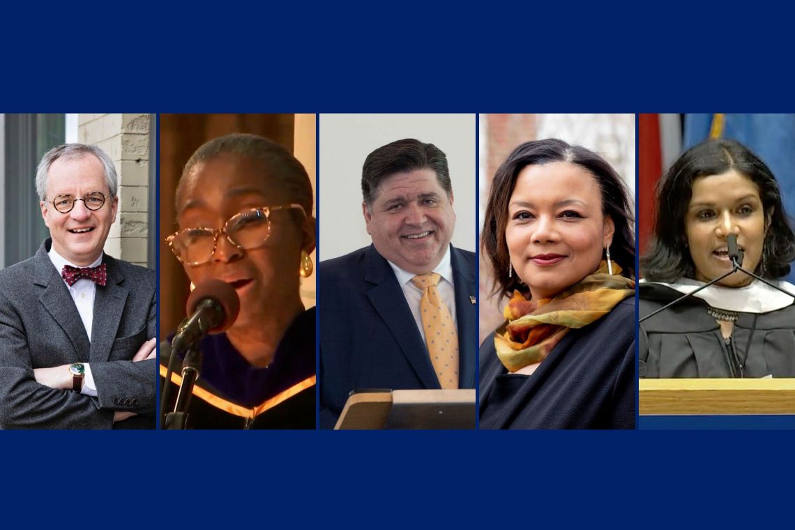 Convocation speakers: Steve Medema, economics; Wylin Wilson, Divinity; J.B. Pritzker, political science; Tomiko Brown-Nagin, Graduate School; and Sonia Sekhar, Sanford.