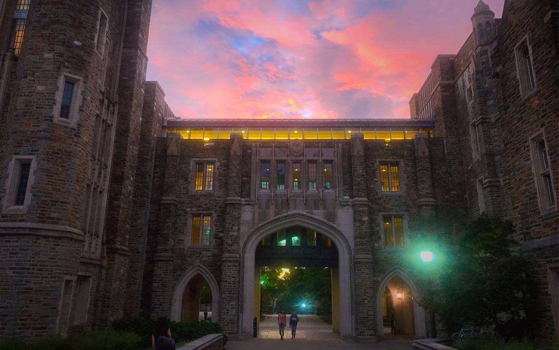 A stunning sunset over Perkins and Bostock Libraries.