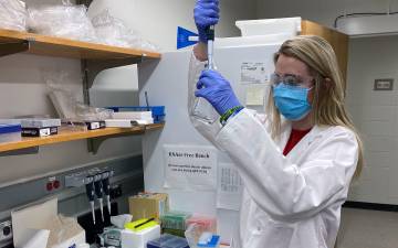 Lab Research Analyst Samantha Skavicus works n the lab of Nicholas Heaton. Photo courtesy of Nicholas Heaton.