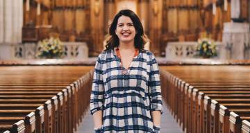 Divinity Professor Kate Bowler in Duke Chapel. Photo by Megan Mendenhall