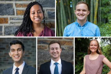 The 2018 Faculty Scholars, clockwise from top left: Mumbi Kanyogo, John Franklin Crenshaw, Laura Naslund, Louden Richason and Kushal Kadakia.