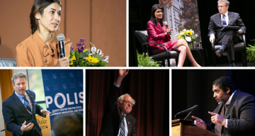Speaking at Duke: From top left, Nadia Murad; Nikki Haley (with Peter Feaver; Rev. William Barber; Sen. Bernie Sanders; and Sen. Rand Paul.