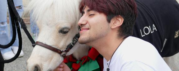 Duke student hugs a miniature therapy horse from Stampede of Love outside of Lilly Library during a study break.
