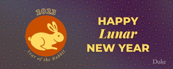 Happy Lunar New Year message with graphic of the year of the rabbit
