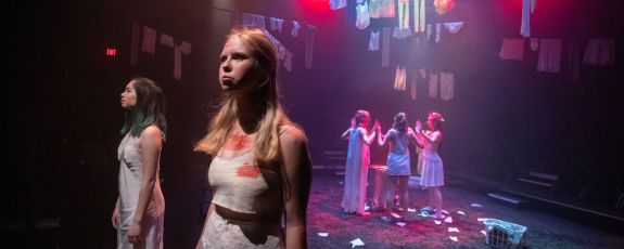 Duke student actors on stage during a rehearsal of The Fury. Photo by Bill Snead