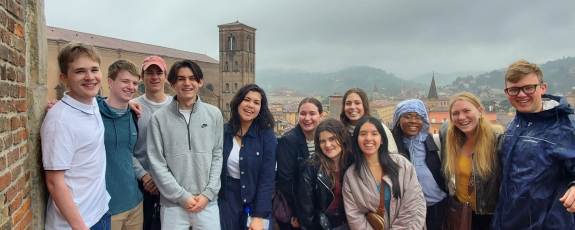 A group of Duke students atop the Bologna Clock Tower in Italy. 
